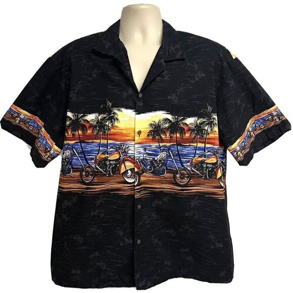 KYs Vintage Black Hawaiian Aloha Button Front Shirt 2XL Pocket Motorcycle USA - Picture 2 of 9